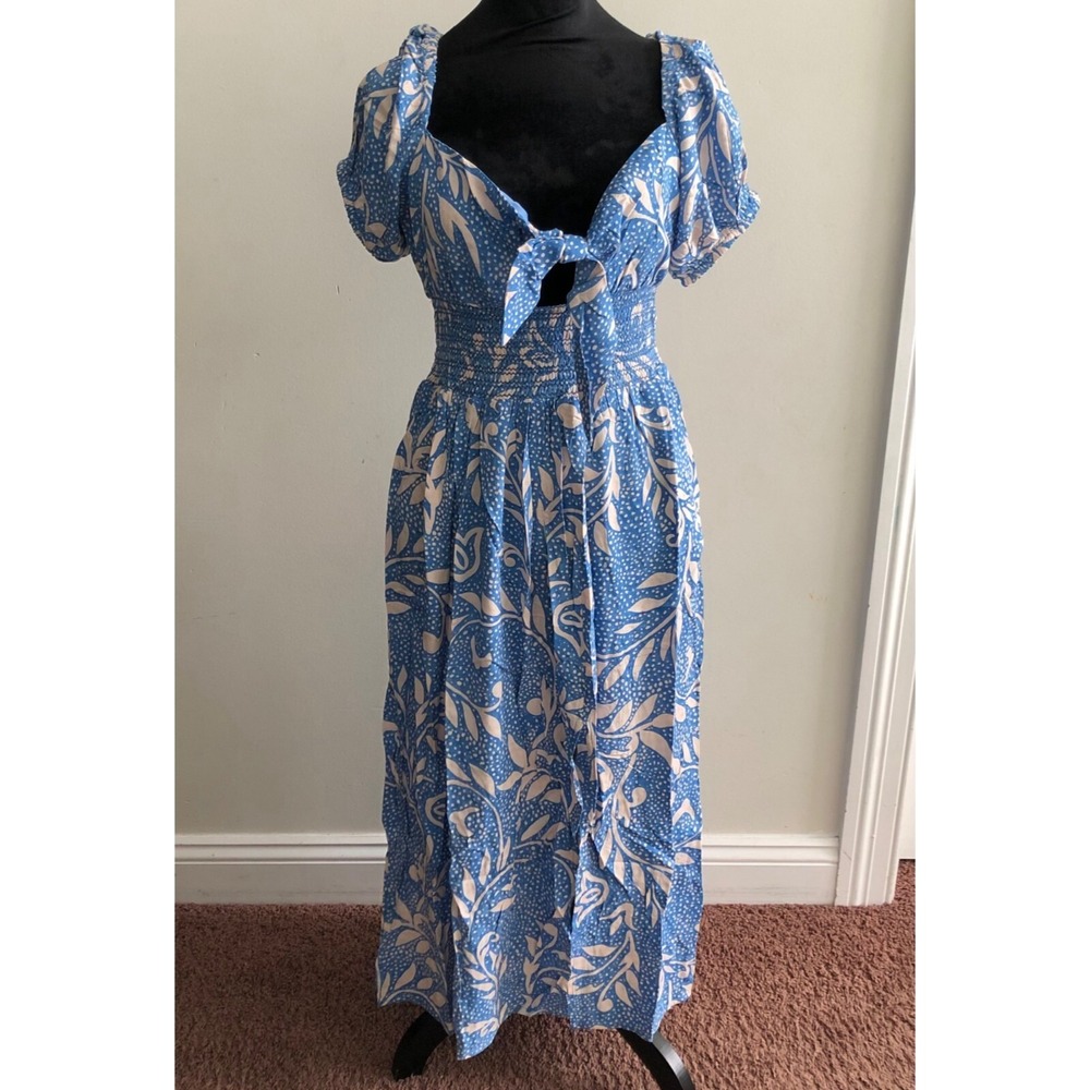 Band of‎ the Free Blue White Floral Tie Front Smocked Maxi Dress Small Boho Slit